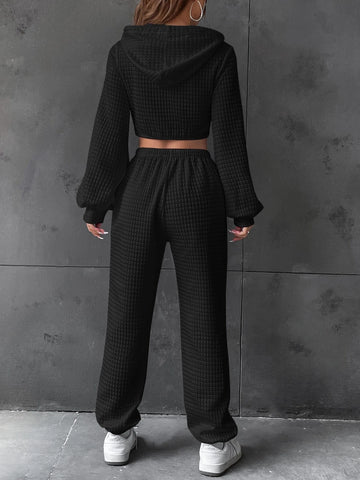 EZwear Letter Patched Detail Cutout Drawstring Hoodie & Sweatpants EZwear Letter Patched Detail Cutout Drawstring Hoodie & Sweatpants