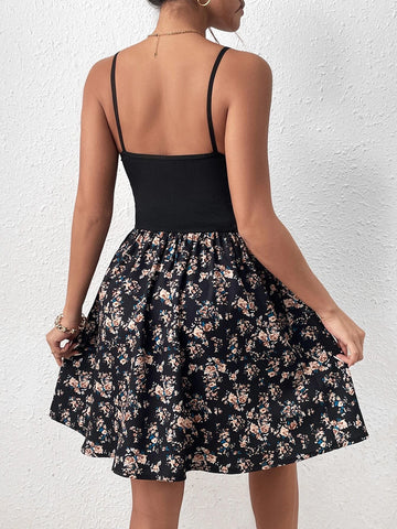 Floral Print Guipure Lace Insert Cami Dress Floral Print Guipure Lace Insert Cami Dress