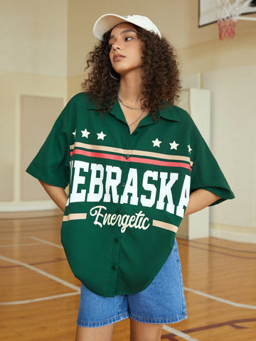 EZwear Letter Graphic Drop Shoulder Shirt EZwear Letter Graphic Drop Shoulder Shirt