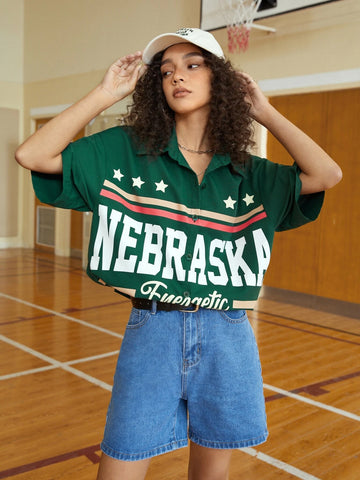 EZwear Letter Graphic Drop Shoulder Shirt EZwear Letter Graphic Drop Shoulder Shirt