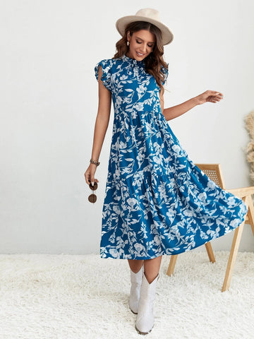 EMERY ROSE Allover Floral Print Frill Mock Neck Ruffle Hem Smock Dress EMERY ROSE Allover Floral Print Frill Mock Neck Ruffle Hem Smock Dress