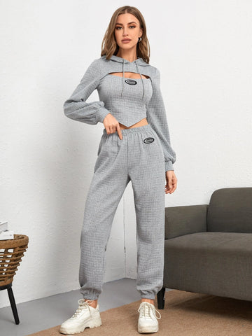 EZwear Letter Patched Detail Cutout Drawstring Hoodie & Sweatpants EZwear Letter Patched Detail Cutout Drawstring Hoodie & Sweatpants