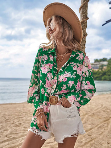 Floral Print Button Front Blouse Floral Print Button Front Blouse