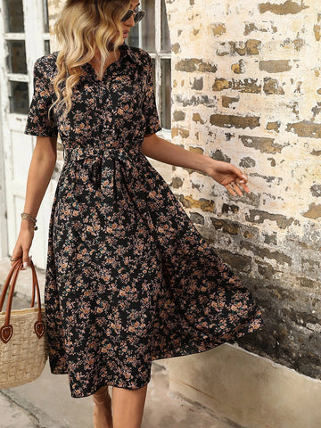 All Over Floral Print Belted Shirt Dress All Over Floral Print Belted Shirt Dress