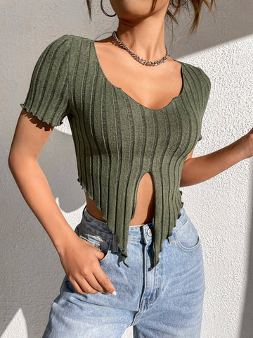 Lettuce Trim Notched Neckline Tee Lettuce Trim Notched Neckline Tee