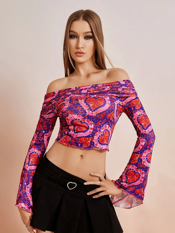 Heart Print Off Shoulder Bell Sleeve Lettuce Trim Crop Tee Heart Print Off Shoulder Bell Sleeve Lettuce Trim Crop Tee