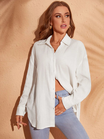 VCAY Drop Shoulder Curved Hem Blouse VCAY Drop Shoulder Curved Hem Blouse