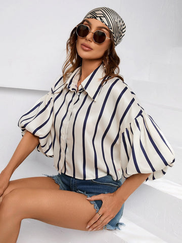 Striped Print Lantern Sleeve Shirt Striped Print Lantern Sleeve Shirt