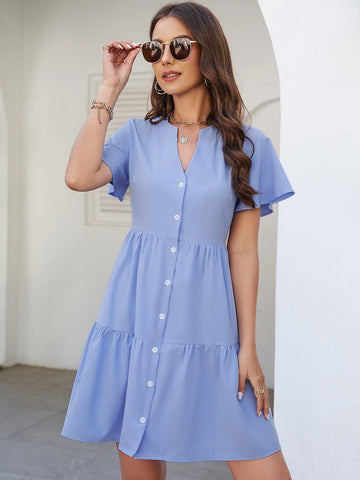 Notched Neck Button Front Ruffle Hem Smock Dress Notched Neck Button Front Ruffle Hem Smock Dress
