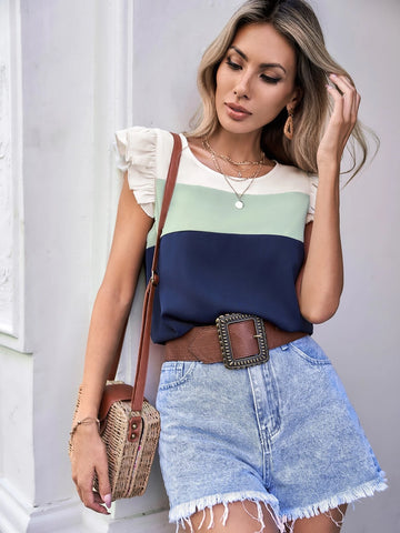 VCAY Colorblock Ruffle Trim Blouse VCAY Colorblock Ruffle Trim Blouse
