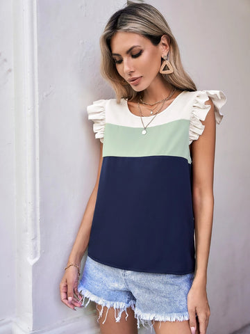 VCAY Colorblock Ruffle Trim Blouse VCAY Colorblock Ruffle Trim Blouse