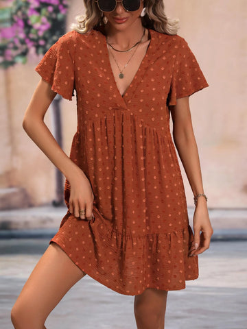 Swiss Dot Butterfly Sleeve Ruffle Hem Smock Dress Swiss Dot Butterfly Sleeve Ruffle Hem Smock Dress
