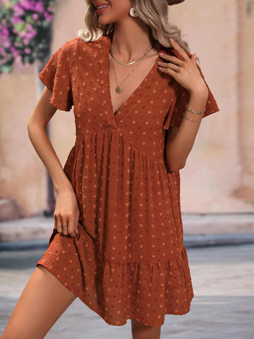 Swiss Dot Butterfly Sleeve Ruffle Hem Smock Dress Swiss Dot Butterfly Sleeve Ruffle Hem Smock Dress