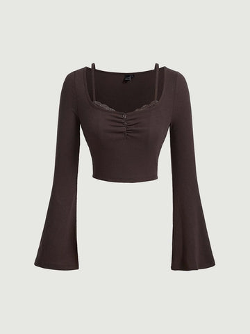 Sweetheart Neck Ruched Bust Flounce Sleeve Crop Tee Sweetheart Neck Ruched Bust Flounce Sleeve Crop Tee