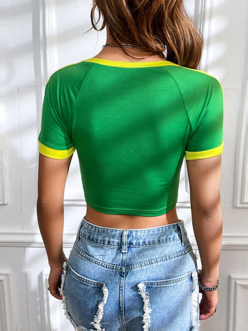 Letter Graphic Contrast Trim Raglan Sleeve Crop Tee Letter Graphic Contrast Trim Raglan Sleeve Crop Tee