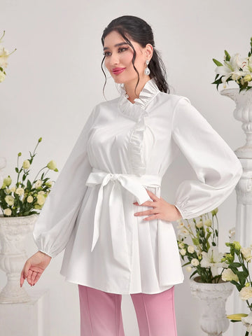 Modely Frill Trim Lantern Sleeve Belted Blouse Modely Frill Trim Lantern Sleeve Belted Blouse