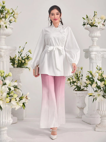 Modely Frill Trim Lantern Sleeve Belted Blouse Modely Frill Trim Lantern Sleeve Belted Blouse