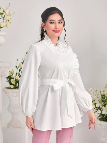 Modely Frill Trim Lantern Sleeve Belted Blouse Modely Frill Trim Lantern Sleeve Belted Blouse