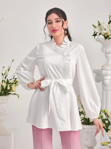 Modely Frill Trim Lantern Sleeve Belted Blouse Modely Frill Trim Lantern Sleeve Belted Blouse