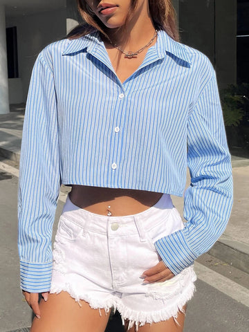 EZwear Striped Drop Shoulder Crop Shirt EZwear Striped Drop Shoulder Crop Shirt