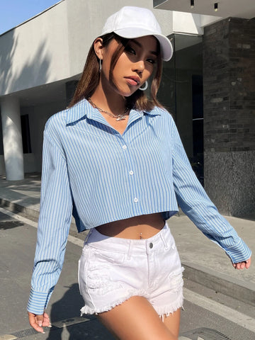 EZwear Striped Drop Shoulder Crop Shirt EZwear Striped Drop Shoulder Crop Shirt