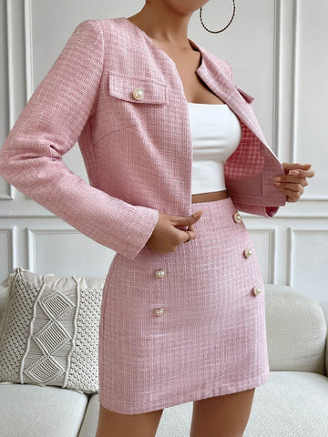Flap Detail Crop Jacket & Fake Button Bodycon Skirt Flap Detail Crop Jacket & Fake Button Bodycon Skirt