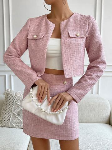 Flap Detail Crop Jacket & Fake Button Bodycon Skirt Flap Detail Crop Jacket & Fake Button Bodycon Skirt