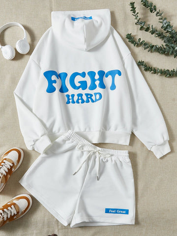 EZwear Letter Graphic Drop Shoulder Drawstring Hoodie & Track Shorts EZwear Letter Graphic Drop Shoulder Drawstring Hoodie & Track Shorts