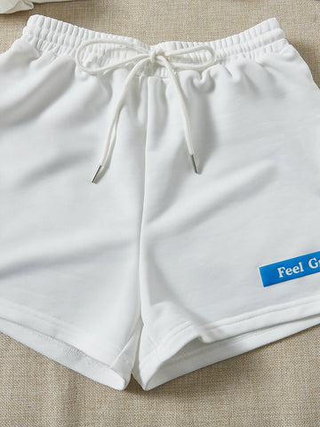 EZwear Letter Graphic Drop Shoulder Drawstring Hoodie & Track Shorts EZwear Letter Graphic Drop Shoulder Drawstring Hoodie & Track Shorts