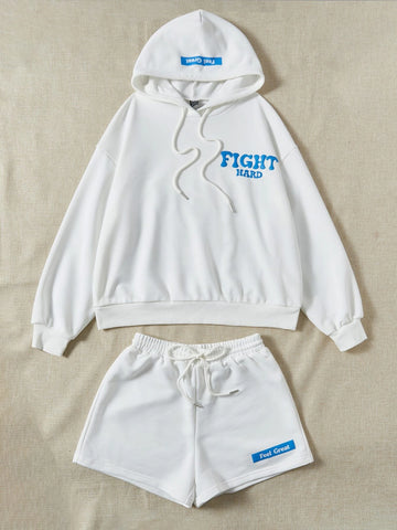 EZwear Letter Graphic Drop Shoulder Drawstring Hoodie & Track Shorts EZwear Letter Graphic Drop Shoulder Drawstring Hoodie & Track Shorts