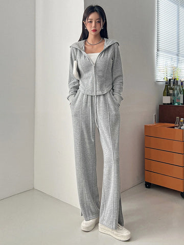 Solid Zip Up Hoodie & Split Hem Pants Solid Zip Up Hoodie & Split Hem Pants