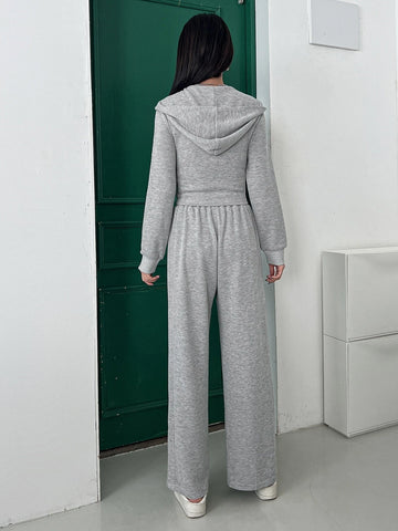 Solid Zip Up Hoodie & Split Hem Pants Solid Zip Up Hoodie & Split Hem Pants