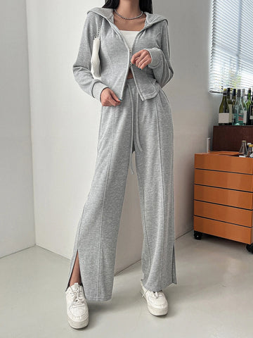 Solid Zip Up Hoodie & Split Hem Pants Solid Zip Up Hoodie & Split Hem Pants