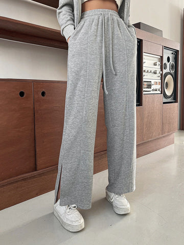 Solid Zip Up Hoodie & Split Hem Pants Solid Zip Up Hoodie & Split Hem Pants