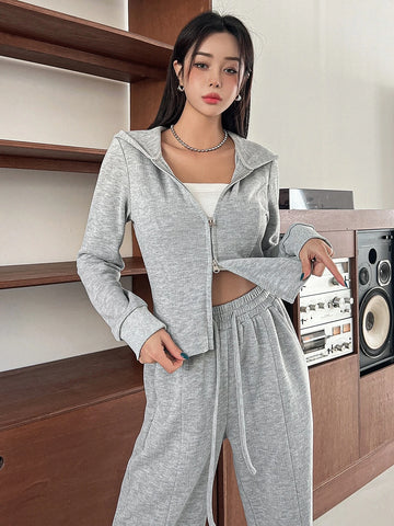 Solid Zip Up Hoodie & Split Hem Pants Solid Zip Up Hoodie & Split Hem Pants
