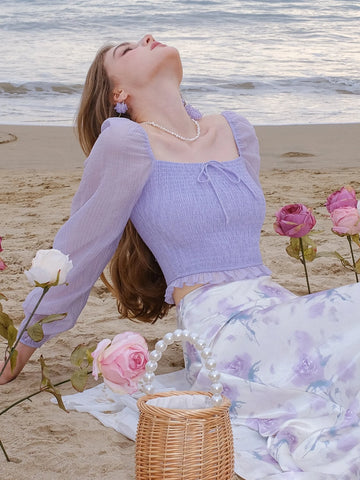 Square Neck Lantern Sleeve Shirred Knot Front Crop Blouse Square Neck Lantern Sleeve Shirred Knot Front Crop Blouse