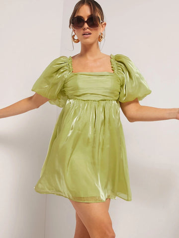 Square Neck Puff Sleeve Organza Smock Dress Square Neck Puff Sleeve Organza Smock Dress