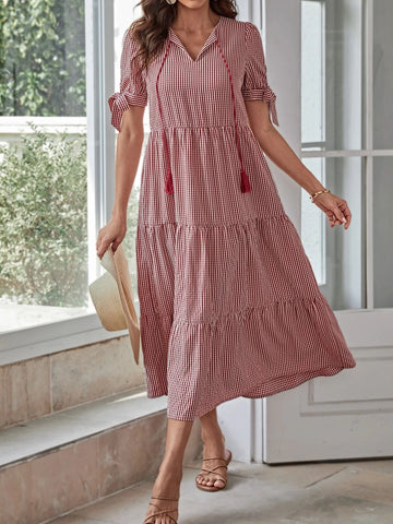 EMERY ROSE Striped Tie Neck Ruffle Hem Smock Dress EMERY ROSE Striped Tie Neck Ruffle Hem Smock Dress