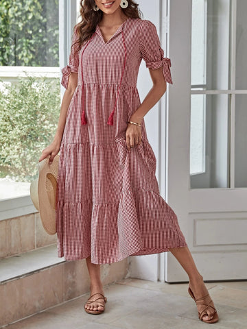 EMERY ROSE Striped Tie Neck Ruffle Hem Smock Dress EMERY ROSE Striped Tie Neck Ruffle Hem Smock Dress