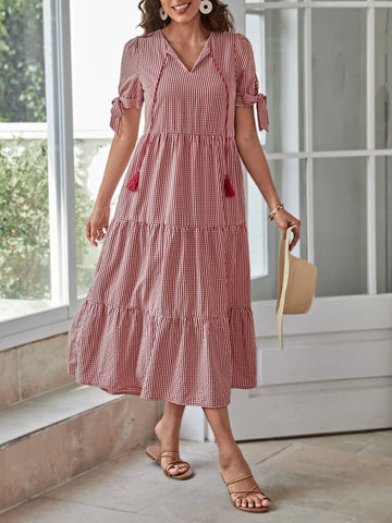 EMERY ROSE Striped Tie Neck Ruffle Hem Smock Dress EMERY ROSE Striped Tie Neck Ruffle Hem Smock Dress