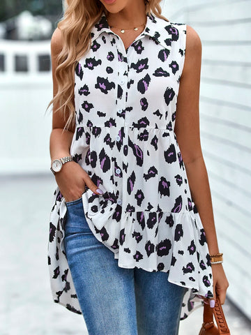 Allover Print Ruffle Hem Sleeveless Shirt Allover Print Ruffle Hem Sleeveless Shirt