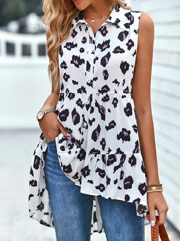 Allover Print Ruffle Hem Sleeveless Shirt Allover Print Ruffle Hem Sleeveless Shirt