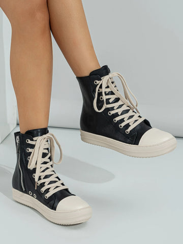 Women Eyelet Detail Lace Up Zipper Side High Top Casual Shoes, Sporty Skate Shoes For Outdoor Women Eyelet Detail Lace Up Zipper Side High Top Casual Shoes, Sporty Skate Shoes For Outdoor