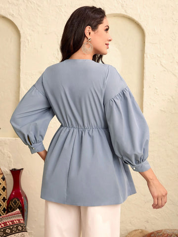 Modely Floral Embroidery Tassel Tie Neck Lantern Sleeve Peplum Blouse Modely Floral Embroidery Tassel Tie Neck Lantern Sleeve Peplum Blouse