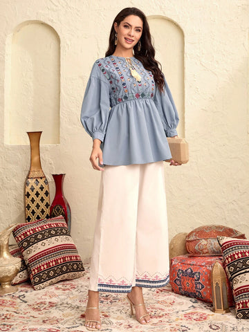 Modely Floral Embroidery Tassel Tie Neck Lantern Sleeve Peplum Blouse Modely Floral Embroidery Tassel Tie Neck Lantern Sleeve Peplum Blouse