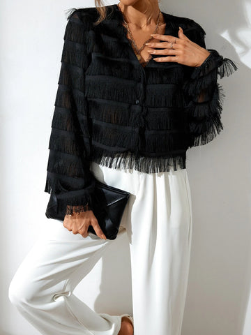 Fringe Trim Button Front Crop Blouse Fringe Trim Button Front Crop Blouse