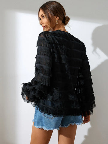 Fringe Trim Button Front Crop Blouse Fringe Trim Button Front Crop Blouse