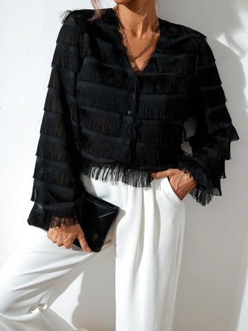 Fringe Trim Button Front Crop Blouse Fringe Trim Button Front Crop Blouse