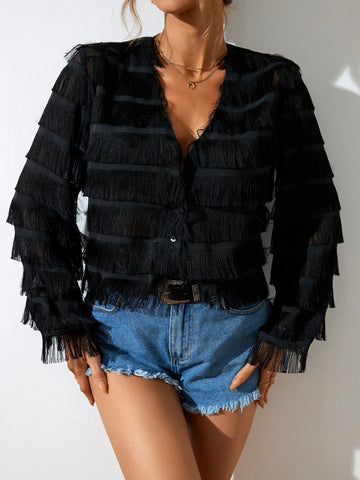 Fringe Trim Button Front Crop Blouse Fringe Trim Button Front Crop Blouse