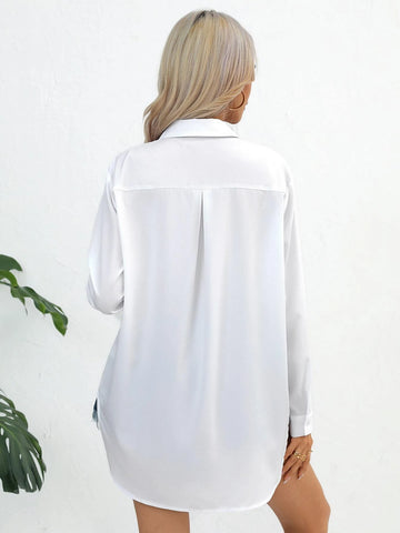 Unity Solid Button Front Roll Up Sleeve Curved Hem Shirt Unity Solid Button Front Roll Up Sleeve Curved Hem Shirt